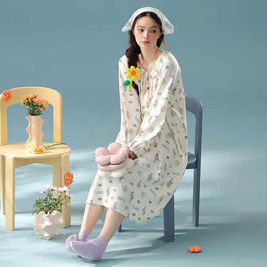 【抗菌新疆棉】自然醒「公主日记」秋季新款纯棉A类长袖睡裙女士宽松家居服JLM 商品图9