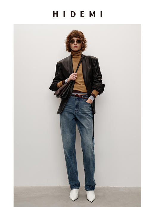 HIDEMI 高级感V领气质绵羊皮西装外套显瘦腰带真皮皮衣风衣 商品图0