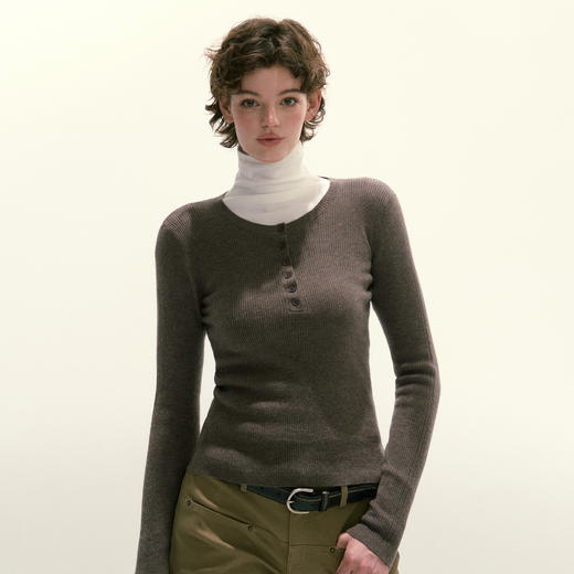 Ariseism 美式复古亨利领羊毛针织长袖打底衫女秋季新款修身上衣 商品图4
