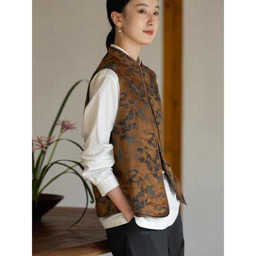 牧衣游原创 32姆米重磅真丝棉提花马夹东方复古中国式开衫 晚雨 商品图3