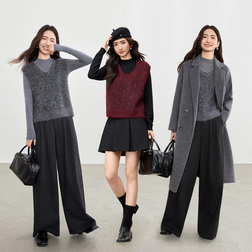 【内购】【含绵羊毛】简约通勤V领亮片芝麻点宽松外穿内搭弹力毛织马夹-W54JB3651 商品图2