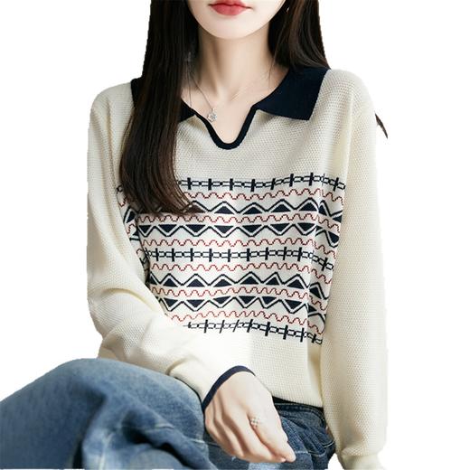 LSX8775 2025年秋季新款撞色polo领提花针织衫女 复古风长袖百搭时尚毛衣 商品图4