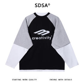 SDSA秋冬新款痞帅男装潮牌拼接撞色印花字母圆领假两件卫衣时尚