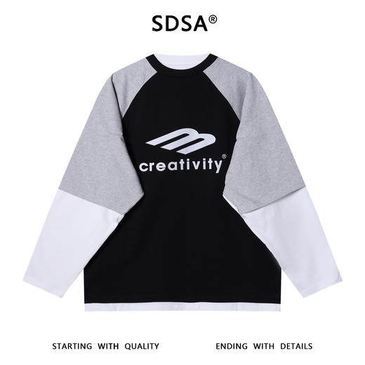 SDSA秋冬新款痞帅男装潮牌拼接撞色印花字母圆领假两件卫衣时尚 商品图0