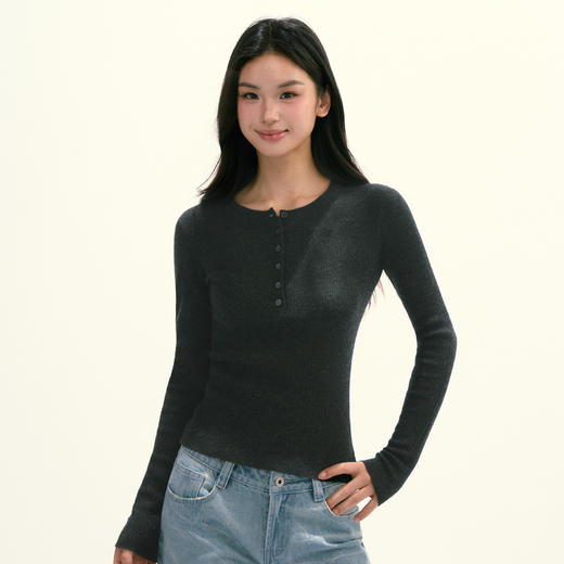 Ariseism 美式复古亨利领羊毛针织长袖打底衫女秋季新款修身上衣 商品图3