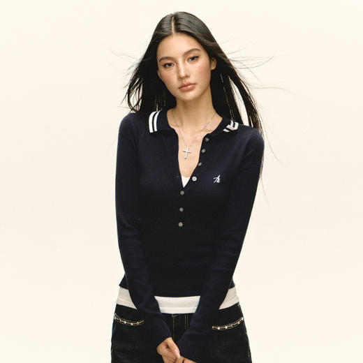 Ariseism 美式复古设计感黑色polo领针织衫女秋季新款外穿上衣 商品图1