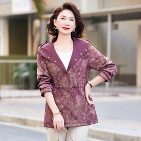 WE250162025新款妈妈装休闲加肥加大风衣时尚洋气中老年春秋连帽夹克外套