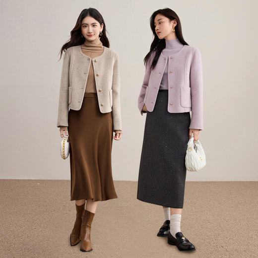 【内购】【绵羊毛】通勤圆领撞色扣圆领立裁分割宽松保暖小巧双面呢外套-W54OG2739 商品图2