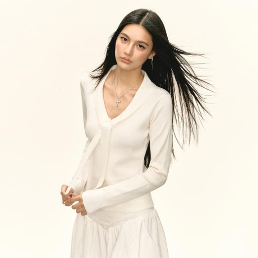 Ariseism 美式复古设计感白色领带针织毛衣女秋季新款修身上衣 商品图2