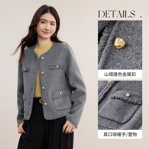 【内购】【100%绵羊毛】多色可选优雅通勤流苏感毛边圆领保暖厚双面呢外套-W54OF2676 商品图3