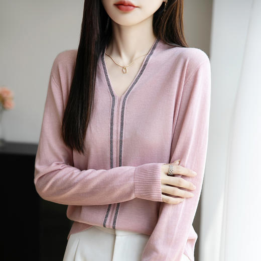 奥伊米初秋女V领气质修身烫钻薄款毛衣羊毛针织衫GH270 商品图1