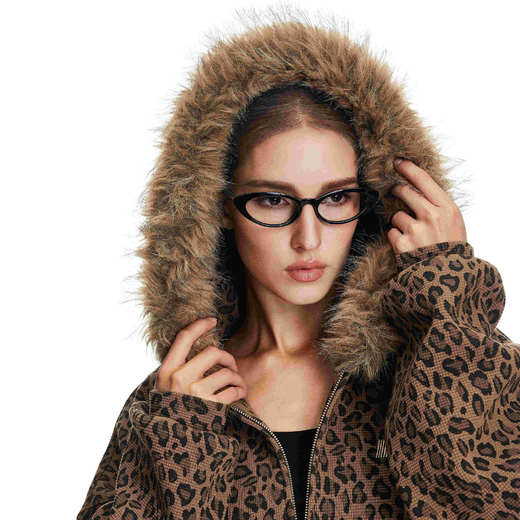 FDR官方店 辣妹豹纹毛领连帽卫衣外套男女秋冬保暖情侣开衫上衣 商品图2