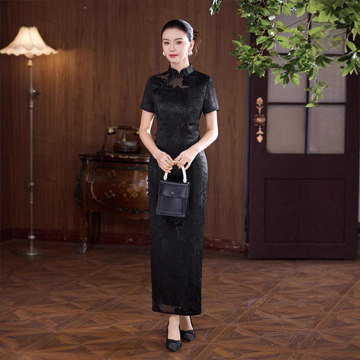 真丝旗袍剪花绡蚕丝黑色提花改良JD25068 商品图3