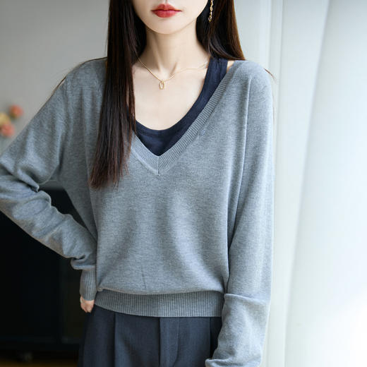 奥伊米初秋撞色修身上衣百搭女假两件舒适羊毛针织衫NJR585 商品图3