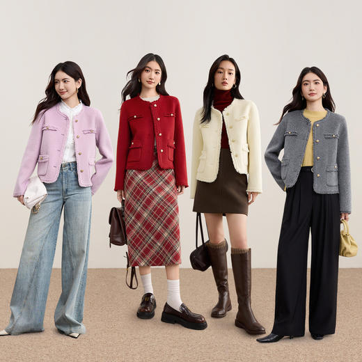 【内购】【100%绵羊毛】多色可选优雅通勤流苏感毛边圆领保暖厚双面呢外套-W54OF2676 商品图2