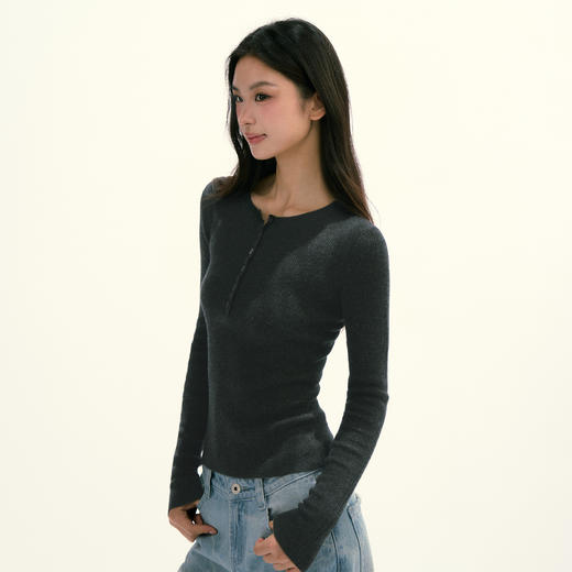 Ariseism 美式复古亨利领羊毛针织长袖打底衫女秋季新款修身上衣 商品图2