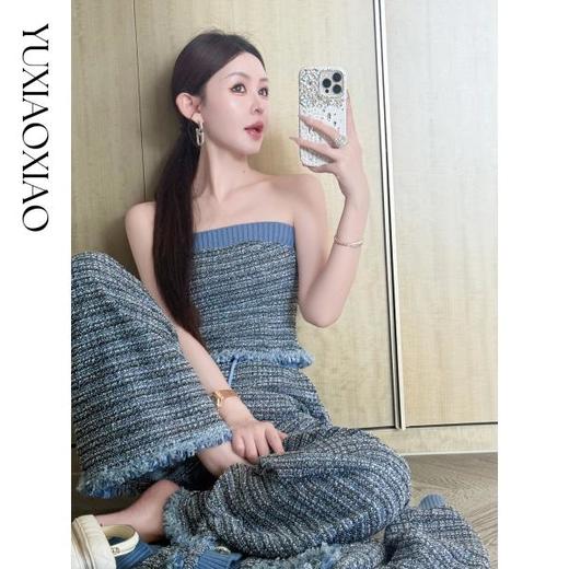 余潇潇【格调邂逅】亮丝粗花小香立领垫肩外套&抹胸&松紧直筒裤成套 商品图4