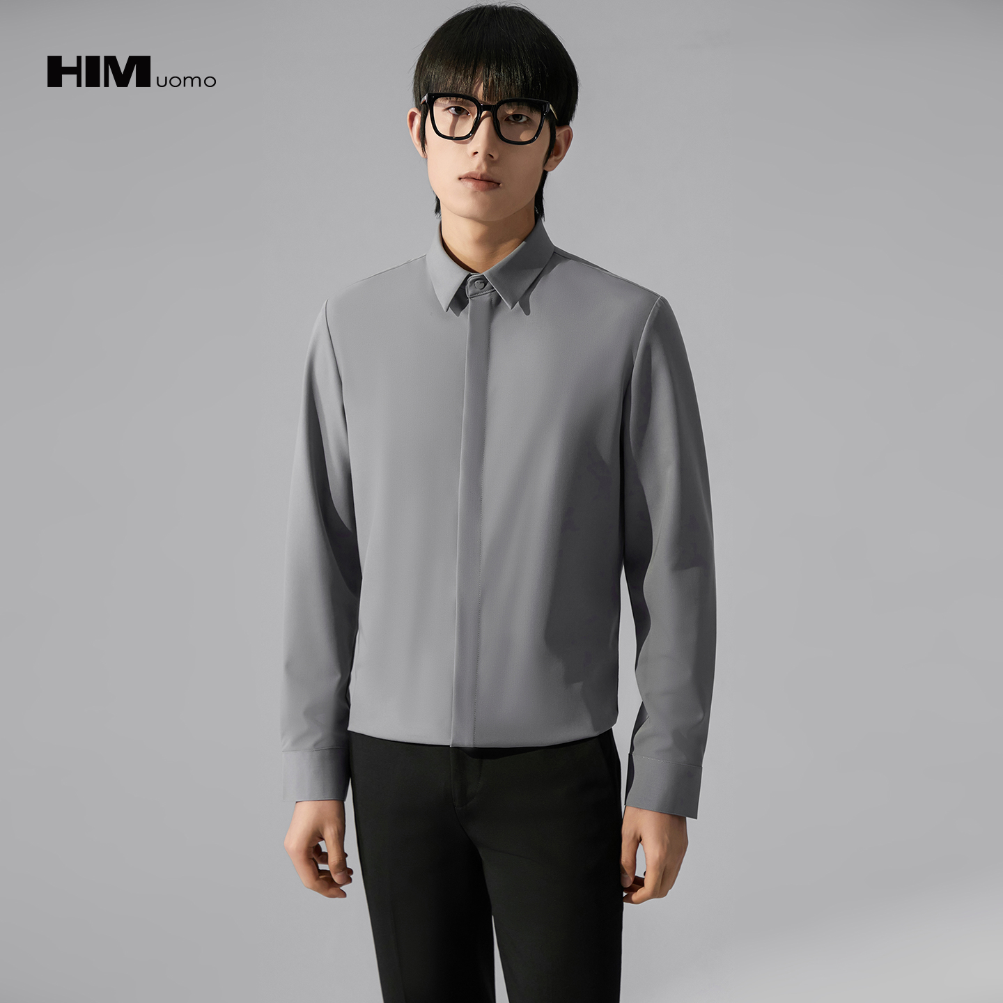 HIM漢崇 商务斯文长袖衬衫男经典方领修身日常通勤衬衣 2025秋季