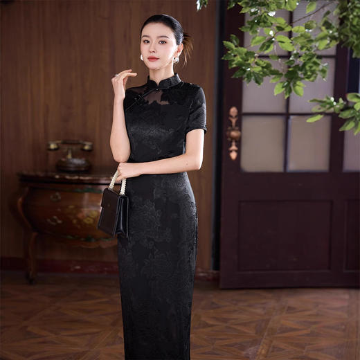 真丝旗袍剪花绡蚕丝黑色提花改良JD25068 商品图2