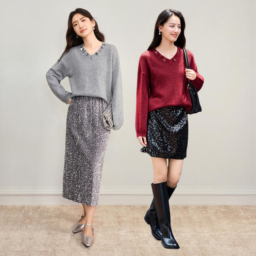 【内购】【簇状珠片花】优雅通勤V领宽松含绵羊毛弹力珠片亮丝百花绒毛衣-W53EG3763 商品图2