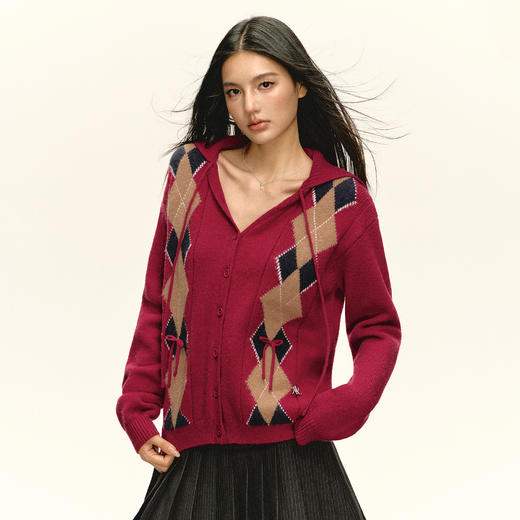 Ariseism 美式复古设计感红色格陵纹毛衣开衫女秋季新款修身上衣 商品图1
