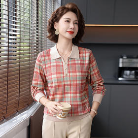 W009-8982-70-138洋气年轻中年妈妈秋装针织上衣中老年女装春秋衣短款薄款带领格子