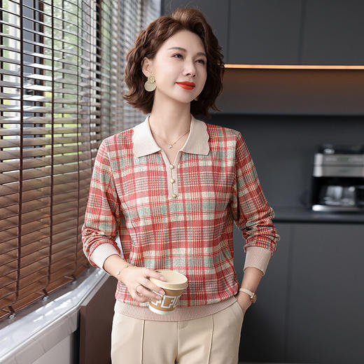 W009-8982-70-138洋气年轻中年妈妈秋装针织上衣中老年女装春秋衣短款薄款带领格子 商品图0