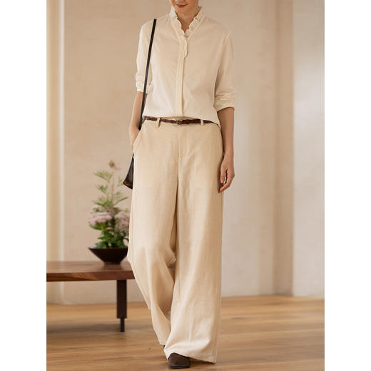 牧衣游原创 羊毛亚麻混纺裤子女秋季新款软糯百搭休闲裤宽松 秋晚 商品图3