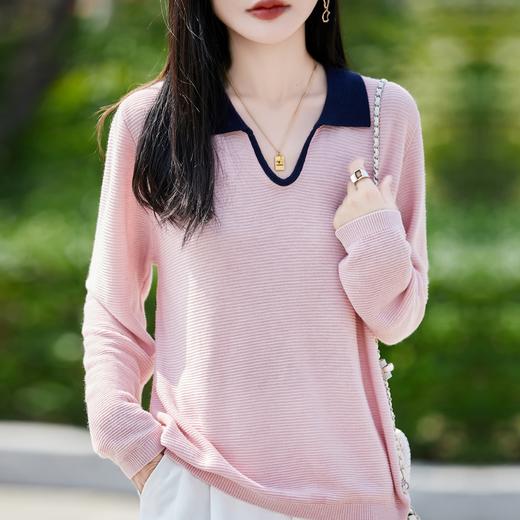 奥伊米初秋女撞色翻领羊毛薄款毛衣拼色长袖针织衫JR784 商品图2