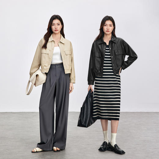 【内购】【摩登PU皮衣】小个子通勤简约翻领落肩宽松显瘦显腿长短款外套-W53GA3041 商品图2