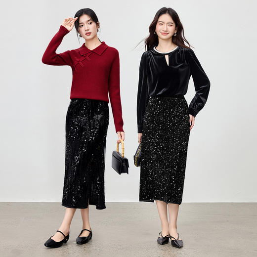 【内购】【珠绣成诗】优雅聚会华丽氛围感松紧腰侧开叉珠片丝绒小A半身裙-154QA3960 商品图2