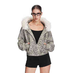 FDR官方店 豹纹毛领连帽卫衣外套女秋季辣妹短款拉链开衫帽衫上衣