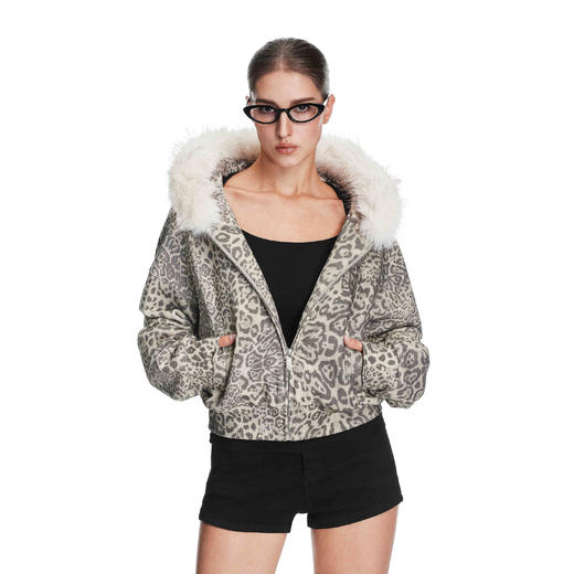 FDR官方店 豹纹毛领连帽卫衣外套女秋季辣妹短款拉链开衫帽衫上衣 商品图0