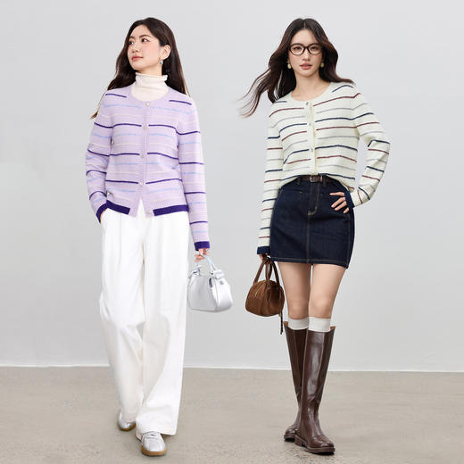 【内购】【含绵羊毛】通勤彩虹条纹珍珠沥色异形扣圆领长袖软糯开衫毛衣-W53EB3510 商品图2