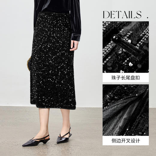 【内购】【珠绣成诗】优雅聚会华丽氛围感松紧腰侧开叉珠片丝绒小A半身裙-154QA3960 商品图3