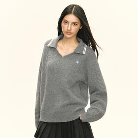 Ariseism 美式复古设计感翻领灰色学院风毛衣女秋季新款上衣外套