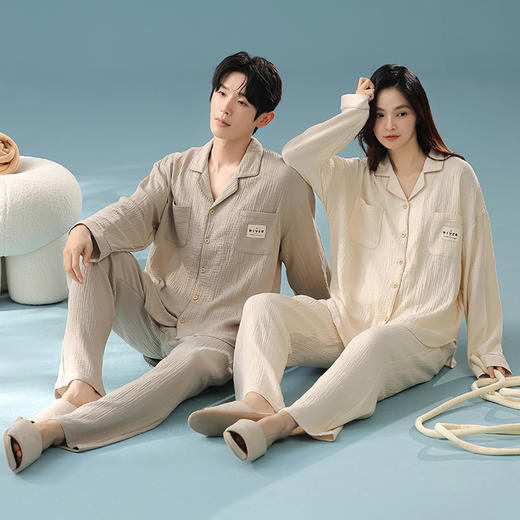 【透气婴儿棉】自然醒「椰椰奶泡」双层纱秋季柔软全棉情侣长袖睡衣A类简约家居服套装JLM 商品图6