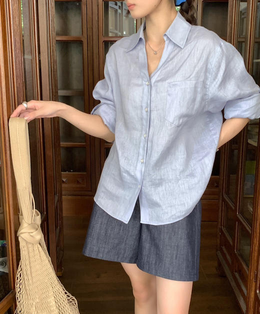 韩国h家新款口袋亚麻衬衣衬衫08271 商品图7