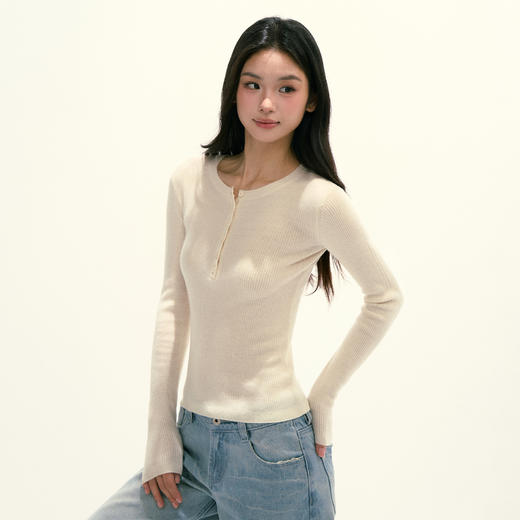 Ariseism 美式复古亨利领羊毛针织长袖打底衫女秋季新款修身上衣 商品图0