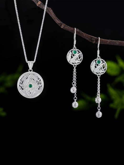 子佩集S990银【竹林隐士】耳环【DSEH002】大师工坊原创作品花丝珐琅彩绿玉髓熊猫2509 商品图0