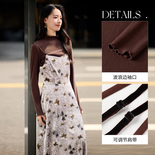 【内购】【免搭配套装】优雅半高领磨毛针织T恤&可调节肩带收腰吊带连衣裙-154ZB3447 商品图3