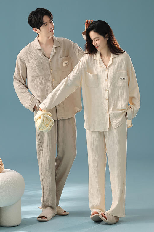 【透气婴儿棉】自然醒「椰椰奶泡」双层纱秋季柔软全棉情侣长袖睡衣A类简约家居服套装JLM 商品图9