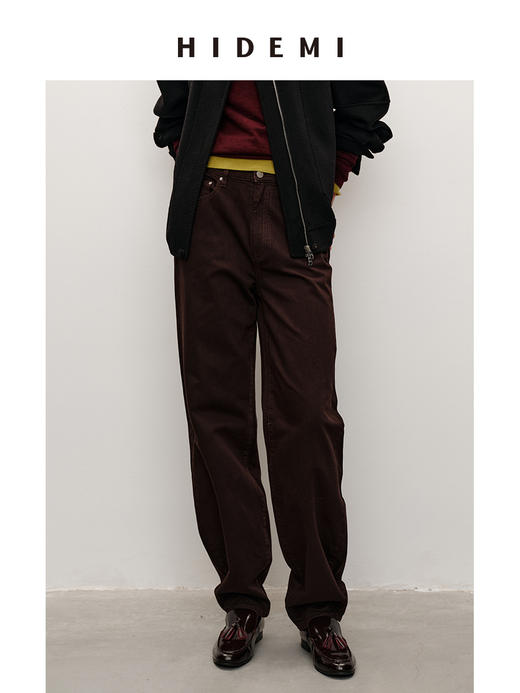 HIDEMI 柔软透气自然棉混纺羊腿裤深咖色复古宽松茧形长裤牛仔裤 商品图1