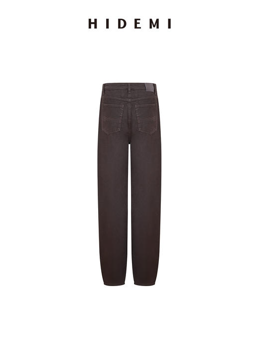 HIDEMI 柔软透气自然棉混纺羊腿裤深咖色复古宽松茧形长裤牛仔裤 商品图6