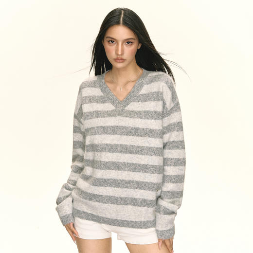 Ariseism 美式复古设计感双色条纹宽松套头毛衣女秋季新款 商品图0