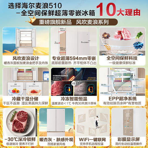 海尔（Haier）麦浪冰箱510升冰箱全空间保鲜594mm专业超薄零嵌入法式多门一级能效变频大容量电冰箱 麦浪系列+专业超薄594mm零嵌+全空间保鲜BCD-510WGHFD1BNXU1 商品图1