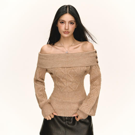 Ariseism 美式复古设计感一字肩毛衣女秋季新款上衣 商品图3