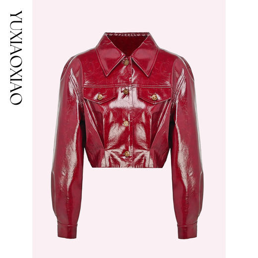 余潇潇【红宝石机车】复古时尚感精致蝴蝶结油蜡工艺翻领短皮衣 商品图0