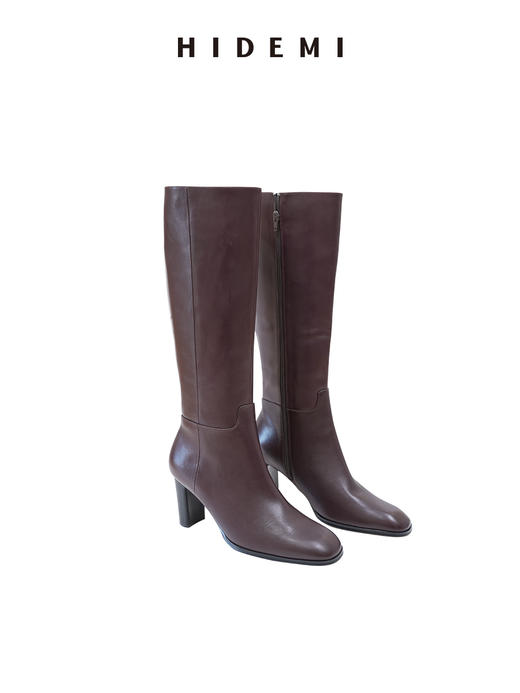 HIDEMI 复古圆头高筒靴粗跟高跟及膝盖靴不过膝长靴头层牛皮骑士靴 商品图9