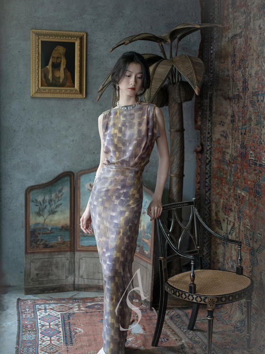 Cortana 25PF 桑紫唐茶笔触KNOT围裹式无袖真丝连衣裙 商品图0